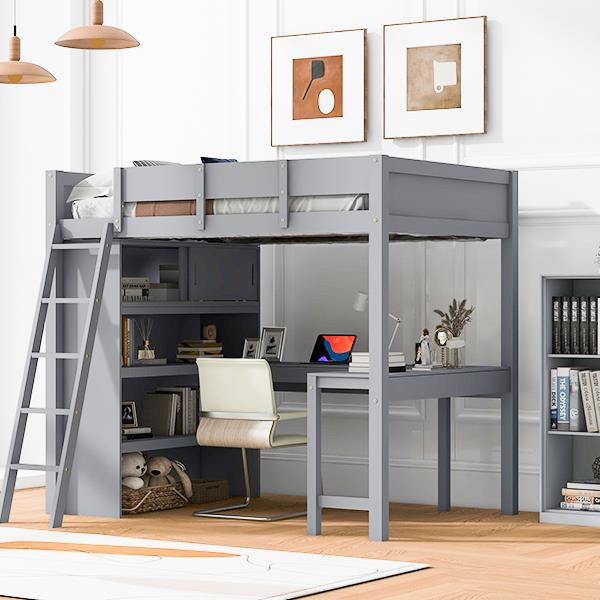 Full Size Loft Bed with Desk and Shelf - Gray