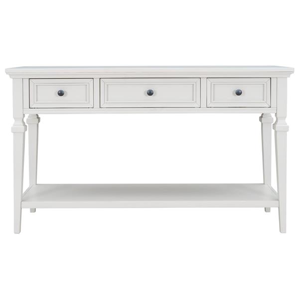 Classic Retro Style Console Table with Three Top Drawers and Open Style Bottom Shelf, Easy Assembly (Antique White)