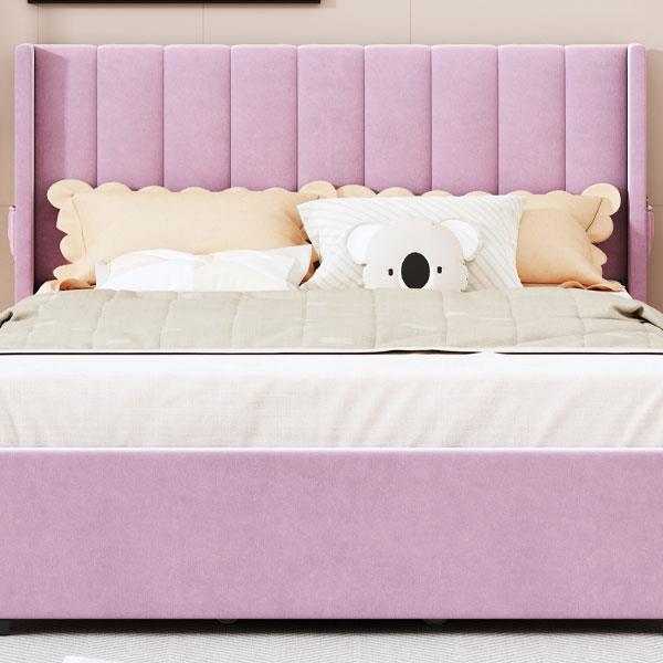 Full Size Upholstered Bed with 4 Drawers, Pink