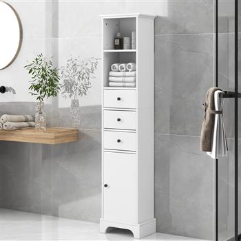 White Tall Bathroom Cabinet,  Storage Cabinet with 3 Drawers and Adjustable Shelf, MDF Board with Painted Finish