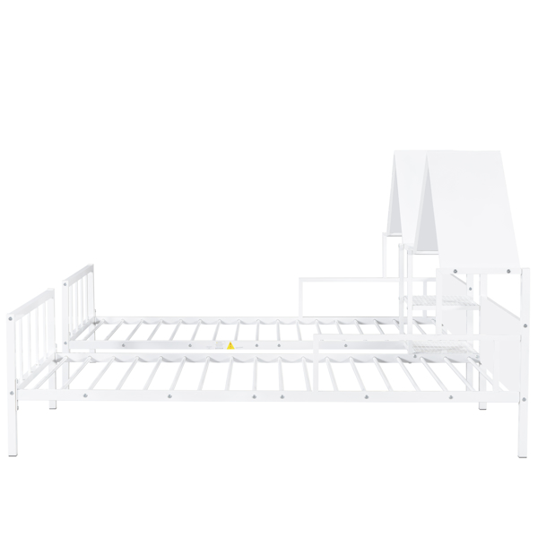 Metal Double Twin Size Platform Bed with House-shaped Headboard and a Built-in Nightstand, White