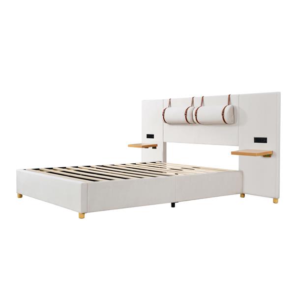 Full Size Upholstered Platform Bed, Two Outlets and USB Charging Ports on Both Sides, Two Bedside Pillows, Storage Shelves, Beige