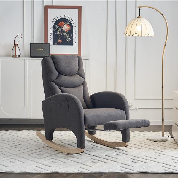 052-Cotton Linen Fabric Nursery Rocking Chair With Adjustable Footrest,Dark Gray