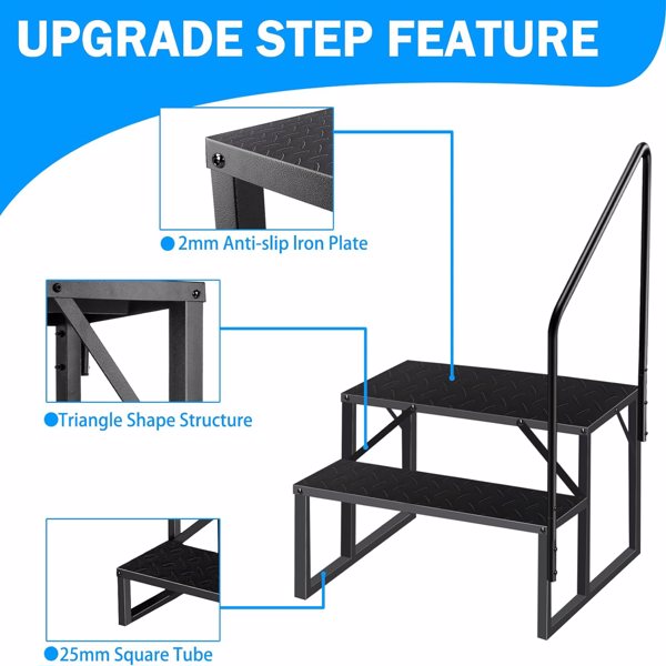 RV Steps with Handrail, 2 Steps Ladder Hot Tub Steps with Handrail, Portable Mobile Home Stairs Outdoor RV Stairs for 5th Wheel RVs