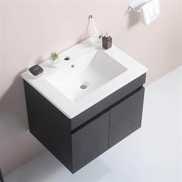 24 Inch Wall Mounted Bathroom Vanity with White Ceramic Basin,Two Soft  Close Cabinet Doors, Solid Wood,Excluding faucets,black