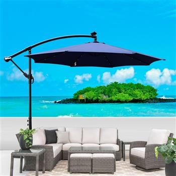 10 ft Outdoor Patio Umbrella Solar Powered LED Lighted Sun Shade Market Waterproof 8 Ribs Umbrella with Crank and Cross Base for Garden Deck Backyard Pool Shade Outside Deck Swimming Pool