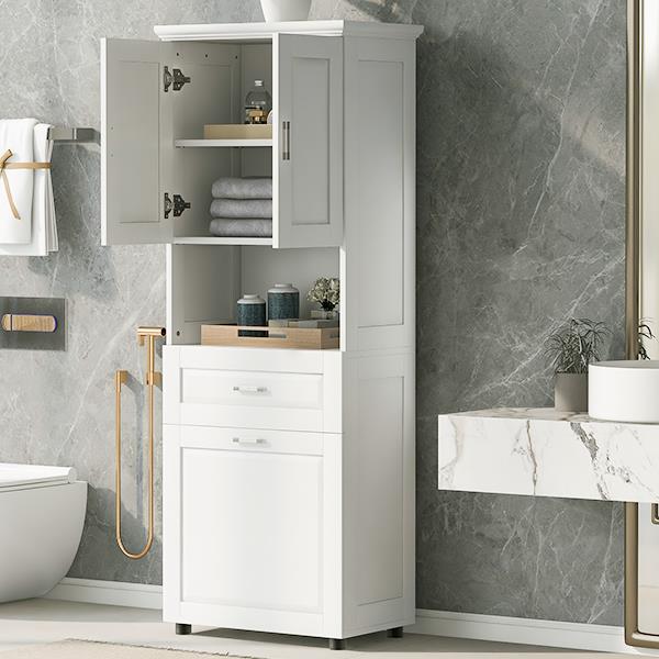 Tall Bathroom Cabinet with Laundry Basket, Large Storage Space Tilt-Out Laundry Hamper and Upper Storage Cabinet, White