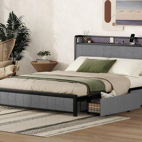 Queen Bed Frame with LED Headboard, Upholstered Bed with 4 Storage Drawers and USB Ports, Light Grey