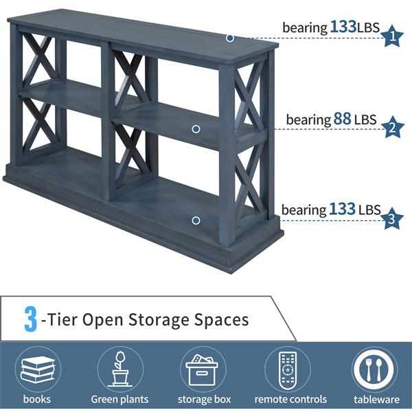 Console Table with 3-Tier Open Storage Spaces and "X" Legs, Narrow Sofa Entry Table for Living Room, Entryway and Hallway (Navy Blue)