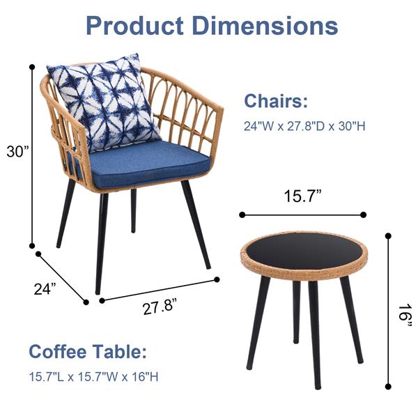 3 Piece Patio Bistro Set with Side Table, Outdoor PE Rattan Conversation Chair Set,Furniture of Coffee Table with Glass Top,Cushions & Lumbar Pillows for Garden,Backyard,Balcony or Poolside(Blue)