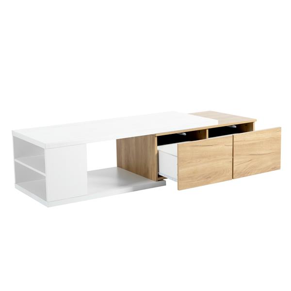 47.2''-57''W Extendable Coffee Table with 2 Storage Drawers, Dual-tone Wood Center Table with Extendable Sliding Tabletop, Multi-functional Hidden Storage Sofa Table for Living Room, White