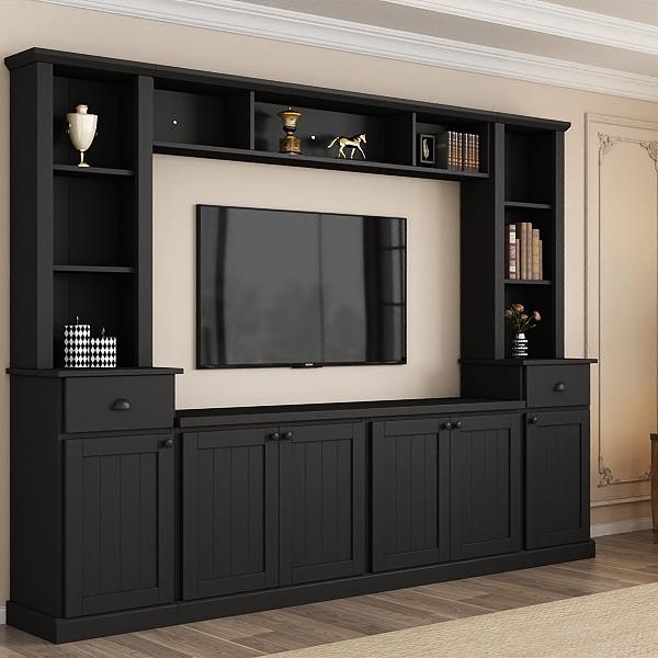 Minimalist Entertainment Wall Unit Set with Bridge for TVs Up to 75'', Ample Storage Space TV Stand with Adjustable Shelves, Modernist Large Media Console for Living Room, Black