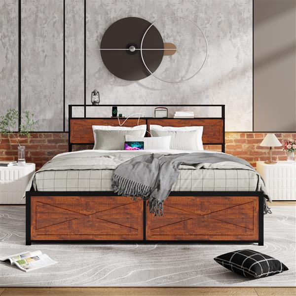 King Bed Frame with Storage Headboard and 12 Drawers LED Lights, Metal Platform Non-Slip Without Noise Mattress Foundation Strong Metal Slats Support,No Box Spring Needed