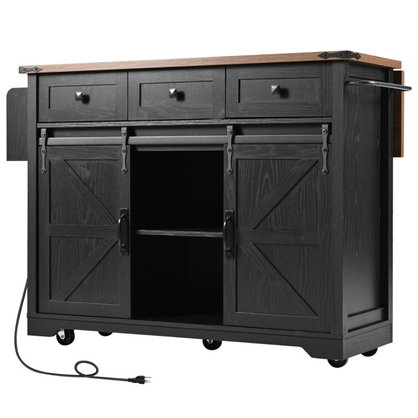 53.7" Farmhouse Kitchen Island with Power Outlet, 2 Sliding Barn Door Kitchen Storage Island with Drop Leaf, Spice Rack Rolling Kitchen Cart on Wheels, for Home, Kitchen and Dining Room, Black