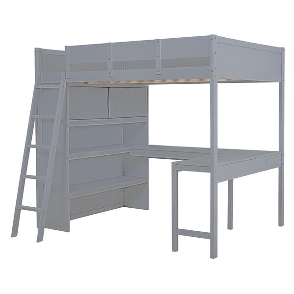 Full Size Loft Bed with Desk and Shelf - Gray