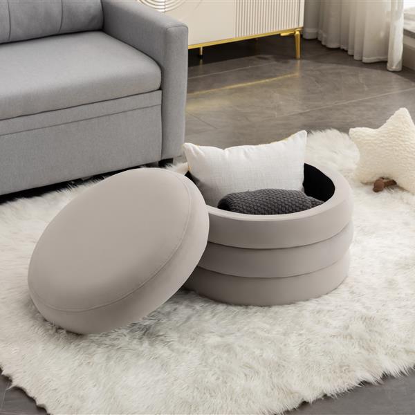 007-Velvet Fabric Storage Round Ottoman Footstool With Wooden Shelving,Light Gray