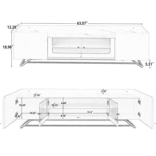 Sleek Design TV Stand with Fluted Glass, Contemporary Entertainment Center for TVs Up to 70", Faux Marble Top TV Console Table with Gold Frame Base, Black