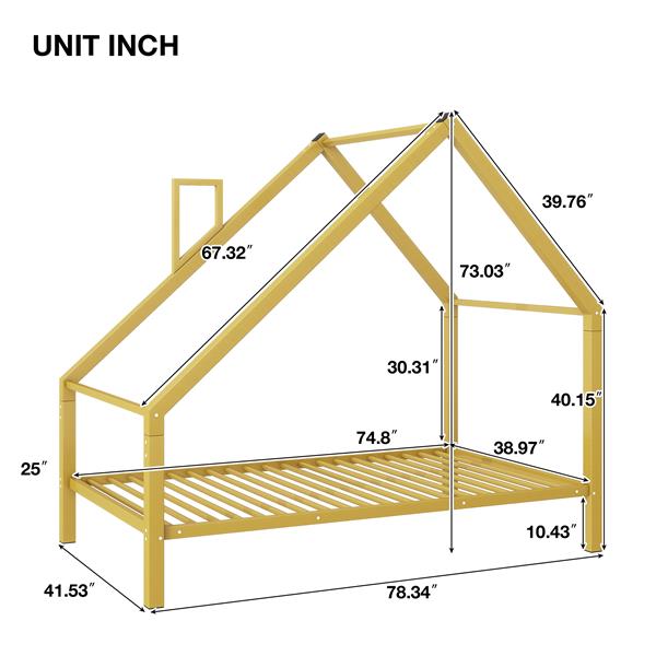 Twin Size Metal House Platform Bed with Roof and Chimney, Gold