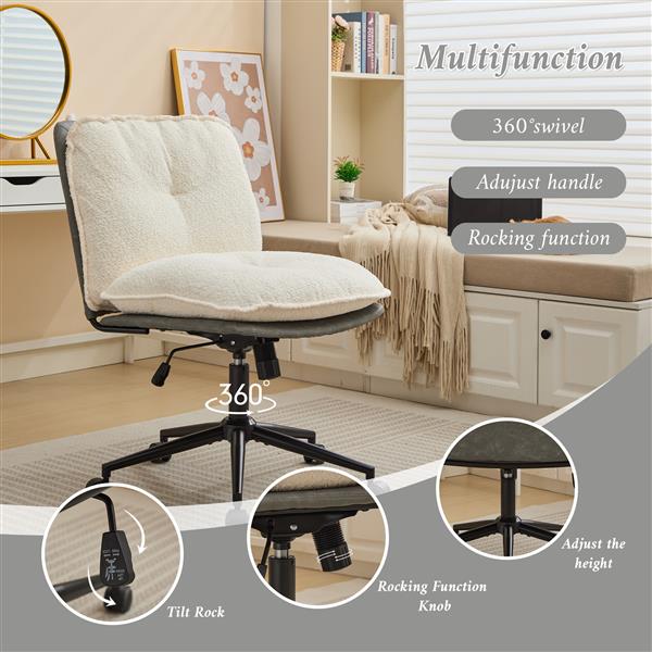 Oversize Seat Cirss Cross Chair with Wheels, Elegant Design Computer Chair, Adjustable Height 360° Rolling Swivel Home Office Chair for Small Space, Dressing Room, Living Room (GRAY+WHITE)