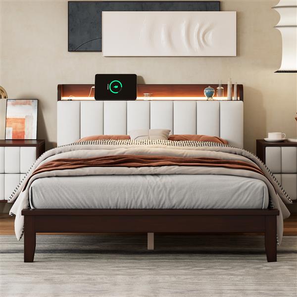 Full size Platform Bed with USB Charging Station and Storage Upholstered Headboard,LED Bed Frame,No Box Spring Needed,Walnut+Beige