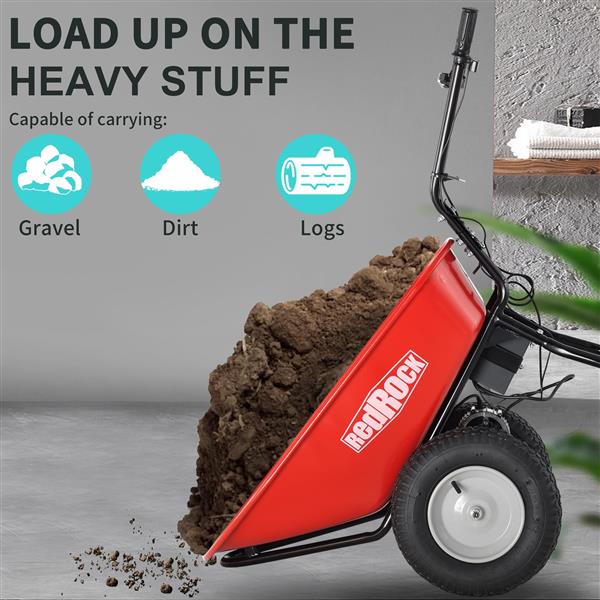 RedRock Wheelbarrow Utility Cart Electric Powered 24V DC 180W AGM Battery 330lbs (150kgs) Max Capacity Barrel Dump Material Debris Hauler