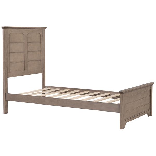 Farmhouse Wooden Platform Twin Size Bed with Panel Design Headboard and Footboard for Teenager, Ash Brown