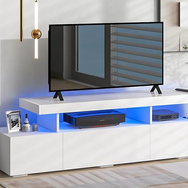 Modern Style 16-colored LED Lights TV Cabinet,  UV High Gloss Surface Entertainment Center with DVD Shelf,
Up to 70 inch TV, White