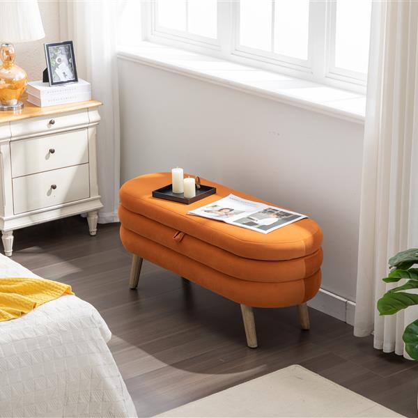 036-Velvet Fabric Storage Bench Bedroom Bench With Wood Legs For Living Room Bedroom Indoor,Orange