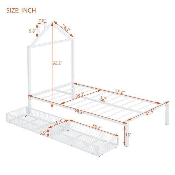 Twin Size Metal Platform Bed with two drawers,House-Shaped Headboard Design, White