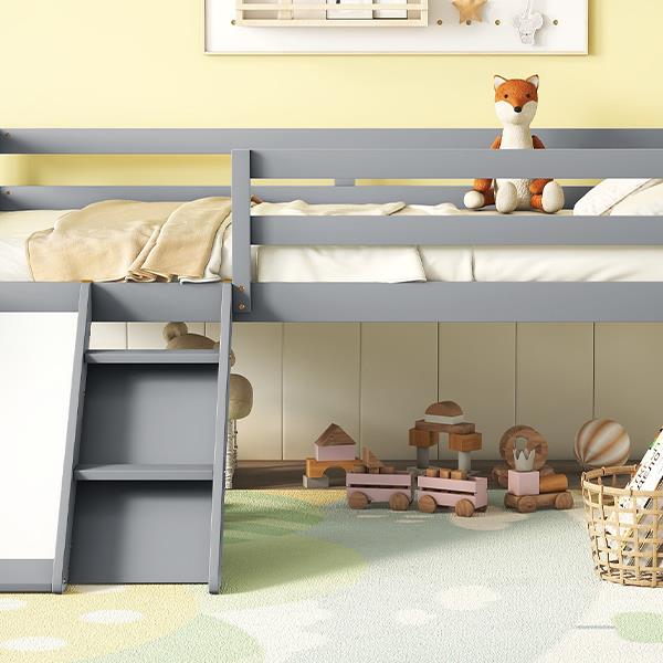 Twin Low Loft Bed with Slide,  Ladder, Safety Guardrails, No Box Spring Needed,Grey