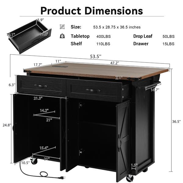 53.5''Farmhouse Kitchen Island with Power Outlet, Kitchen Storage Island with Drop Leaf, Spice Rack and Drawer, Rolling Kitchen Cart on Wheels, for Home, Kitchen and Dining Room, Black