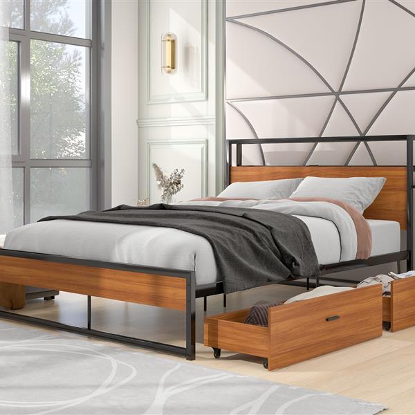 Full Size Metal Platform Bed Frame with  Two Drawers,Sockets and USB Ports ,Slat Support No Box Spring Needed Black