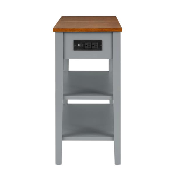 Narrow 2-tone End Table with USB Charging Ports for Small Space, SOLID WOOD Table Legs, Gray and Walnut, 11.8"W*24"D*24.2"H