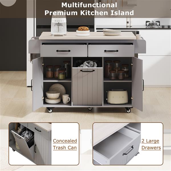 Kitchen Island with Trash Can Storage Cabinet, Kitchen Cart with Drop Leaf, Spice Rack, Towel Rack and Drawer, Rolling Kitchen Island on Wheels with Adjustable Shelf, Grey