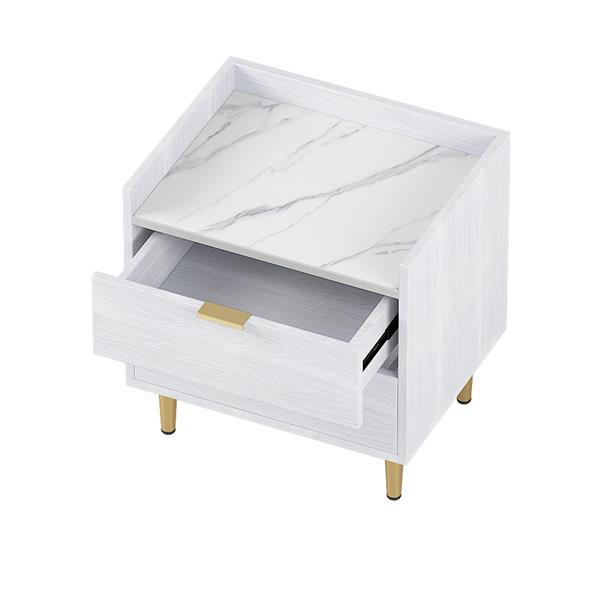 Wooden Nightstand with 2 Drawers and Marbling Worktop, Mordern Wood Bedside Table with Metal Legs&Handles,White