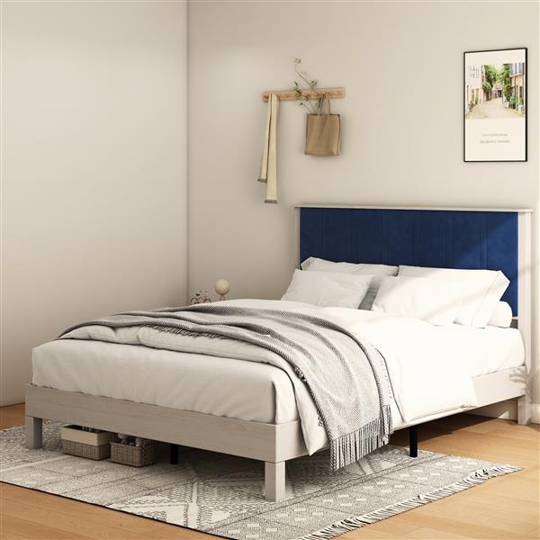 Queen Bed Frame, Wood with Wood Headboard Bed Frame with upholstered headboard /  Wood Foundation with Wood Slat Support / No Box Spring Needed / Easy Assembly