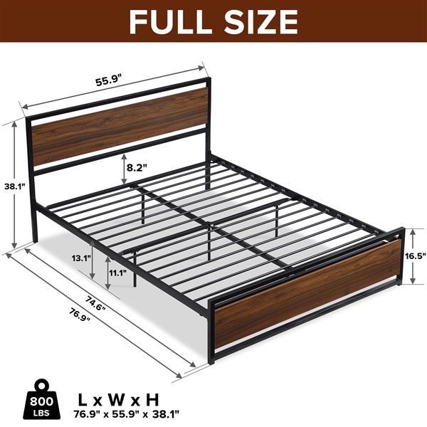 Industrial Platform Full Bed Frame/Mattress Foundation with Rustic Headboard and Footboard, Strong Steel Slat Support, No Box Spring Needed, Noise Free, Easy Assembly