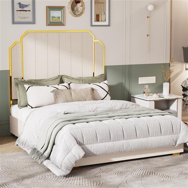 Queen Size Bed Frame and 59.06" Headboard, Upholstered Bed with lden Plating Trim, Modern Platform Bed No Box Spring Needed, Cream