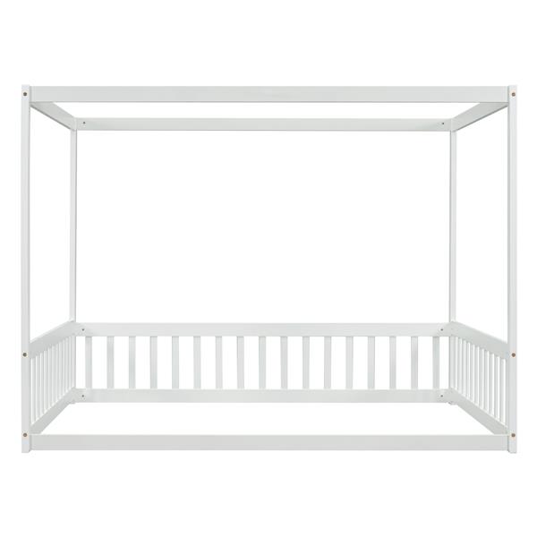 Full Size Canopy Frame Floor Bed with Fence, Guardrails,White