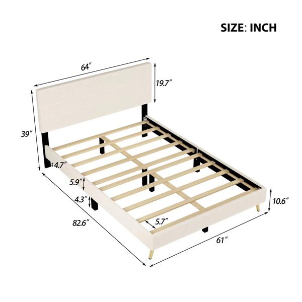 Queen Size Corduroy Upholstered Bed Frame, Platform Bed with Horizontal Stripe Headboard, No Box Spring Needed, Beige