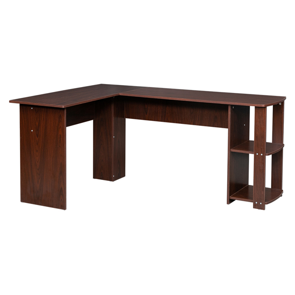 L-Shaped Wood Right-angle Computer Desk with Two-layer Bookshelves Dark Brown