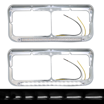 Dual Rectangular 2X for 4x6 Light Headlight Bezel with 12\\" Amber LED Light Strip for Kenworth T400 T600 T800 W900B W900L Peterbilt 378 379 Western Star 4900 Trucks (Clear Lens/White LED)