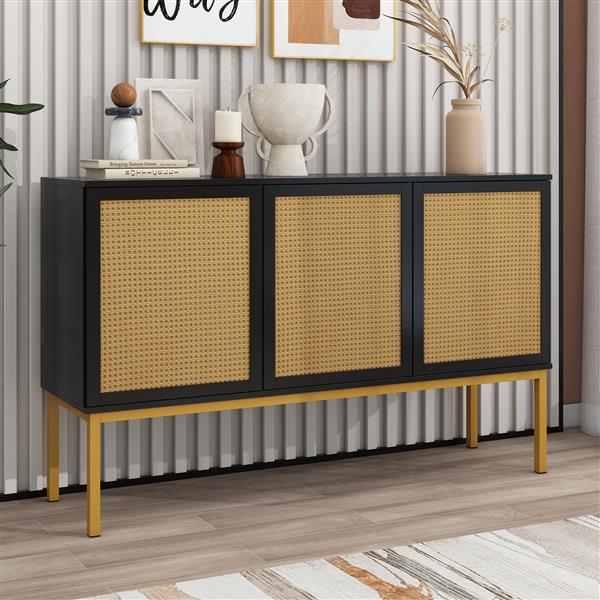 Large Storage Space Sideboard with Artificial Rattan Door and Rebound Device for Living Room and Entryway (Black)