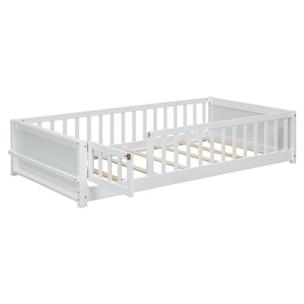 Twin size Floor Platform Bed with Built-in Book Storage Rack, Door,White