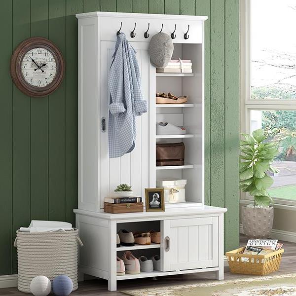 [VIDEO provided] Multifunctional Hall Tree with Sliding Doors, Wooden Hallway Shoe Cabinet with Storage Bench and Shelves, Mudroom Coat Storage with Hanging Hooks for Entryways, White