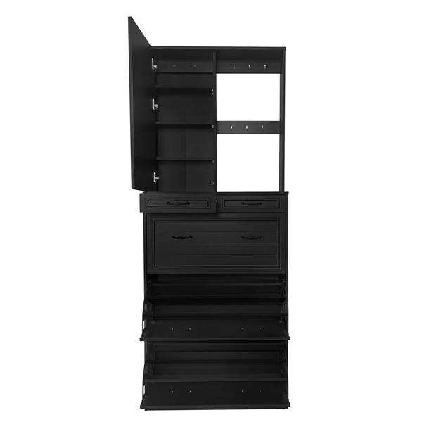 Multi-functional Shoe Cabinet with 3 Flip Drawers, Elegant Hall Tree with Mirror, Freestanding Entryway Organizer Shoe Rack with 6 Hanging Hooks for Hallway, Black