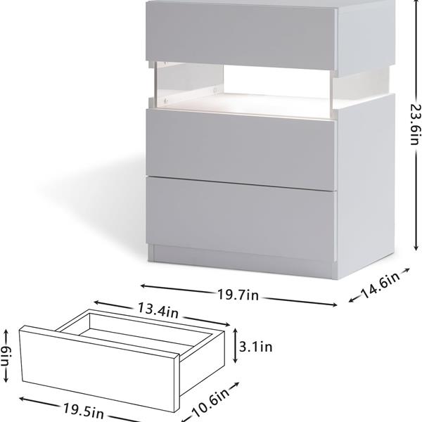 LED Nightstands 3 Drawer Dresser for Bedroom End Table with Acrylic Board LED Bedside Tables for Bedroom Living Room Bedside Furniture (White)