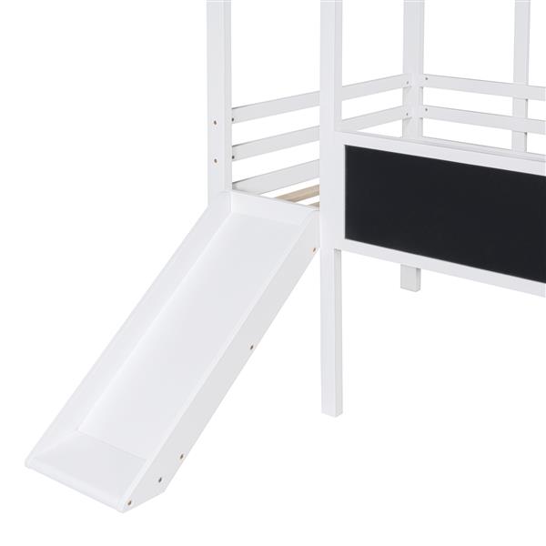 Twin Size Loft Bed with Ladder and Slide, House Bed with Blackboard and Light Strip on the Roof, White