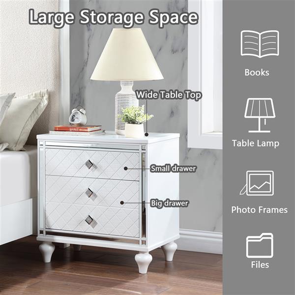 Contemporary Nightstands with mirror frame accents, Bedside Table with two drawers and one hidden drawer, End Table with Crystal Pull for Living Room,Bedroom, White