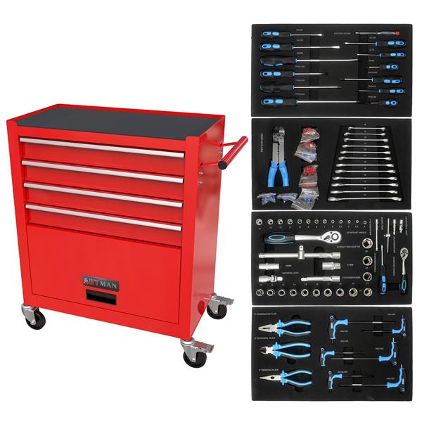 4 Drawers Tool Cabinet with Tool Sets-RED